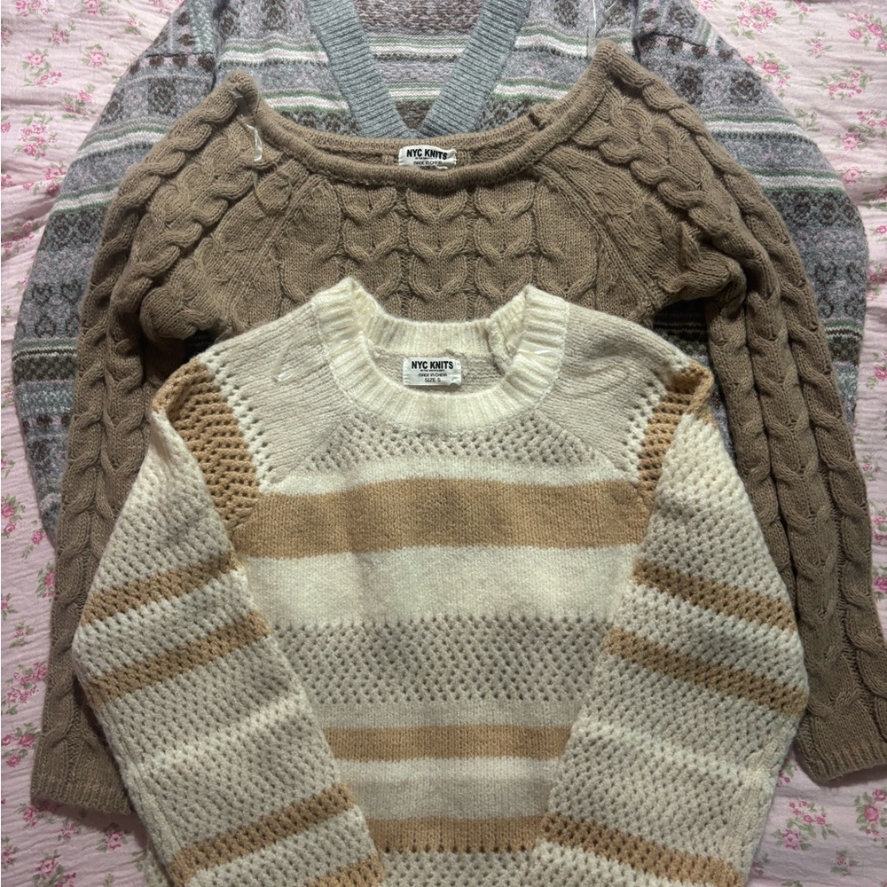 NYC Knits Sweater Trio- Grey Floral, Light Brown, Beige Striped S